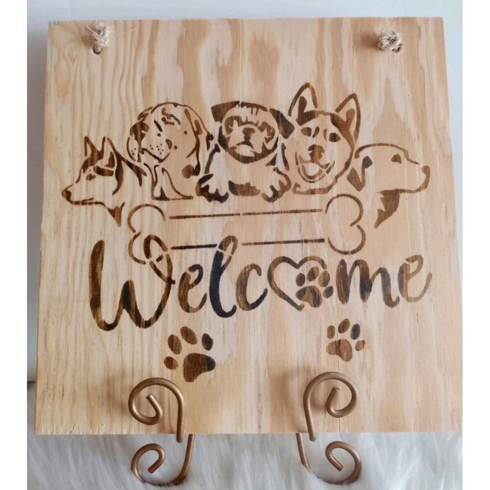 Handmade Dog Welcome Home Decor Wood Burnished 12 X 12" Plaque Wall Hanging New